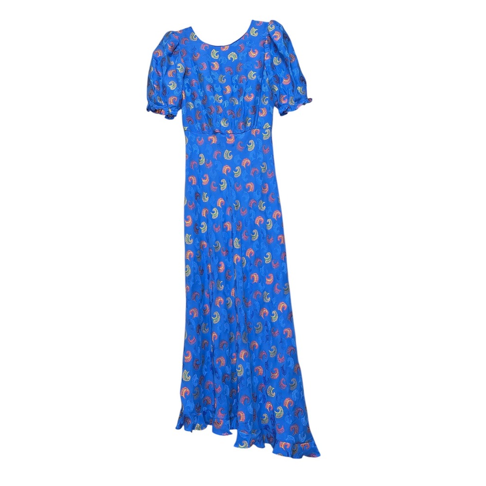 Saloni Vida Silk Satin Floral Jacquard Midi Dress Puff Sleeve‎ Cobalt Blue - Picture 4 of 9